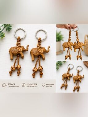 Set of 2 Wooden Elephant Keychains | Heart Design | Thai Handmade  | Gift